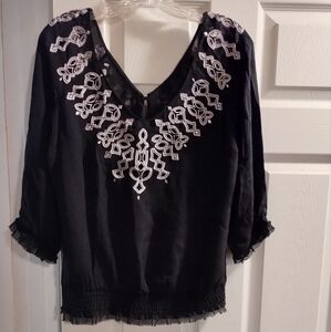 NWOT White House Black Market Embroidered Silk Black Top